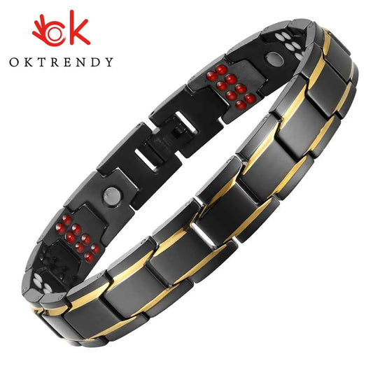 Mens Black Bracelet Gold Color Health Energy Germanium Stainless Steel Bracelet 4 IN 1 Magnetic Health Bracelets for Men Jewelry