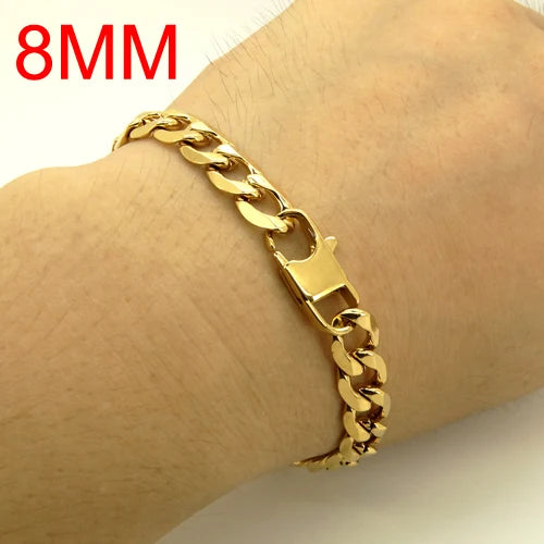 100% Stainless Steel Bracelet 6/8/12 mm 8 Inches Curb Cuban Chain Gold Color Bracelets for Men Women Free Shipping Factory Offer