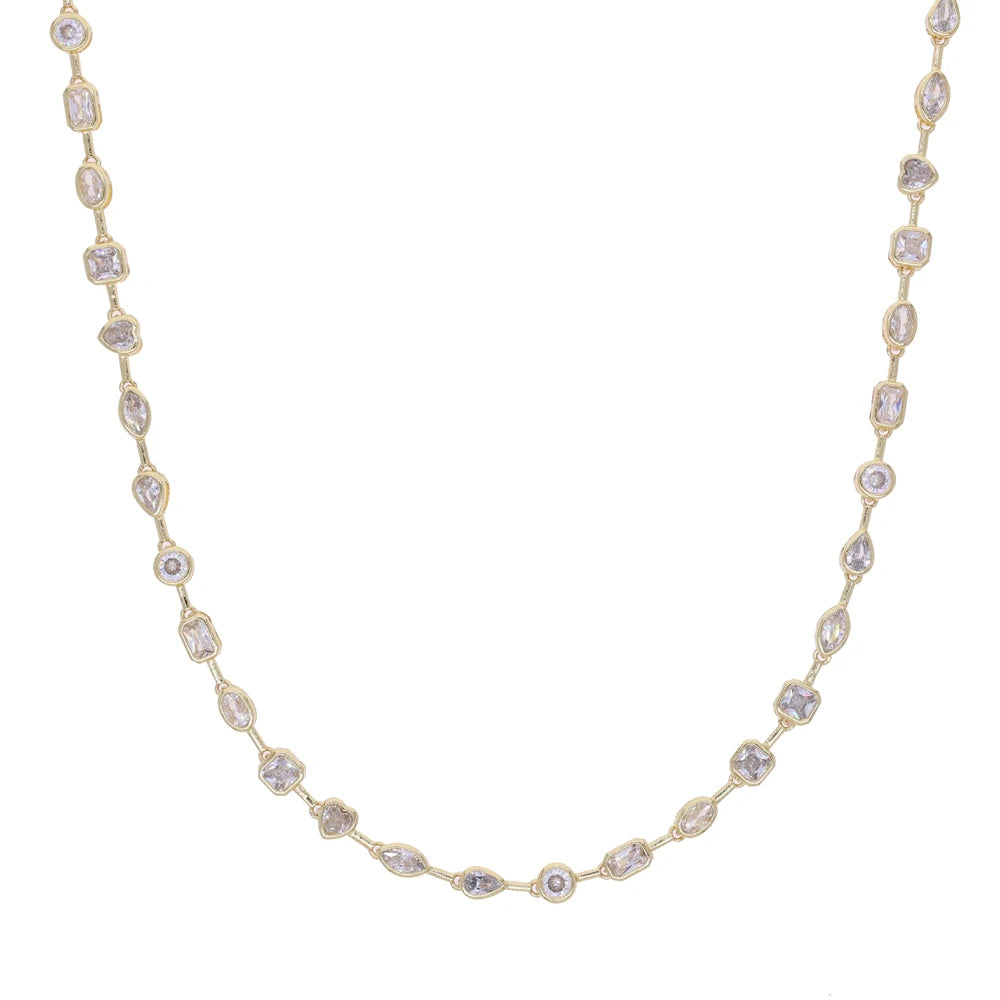 2025 New Trendy Women Jewelry Gold Color Geometric Various Shaped Bezel 5A Sparking CZ Tennis Chain Bracelet Necklace Set