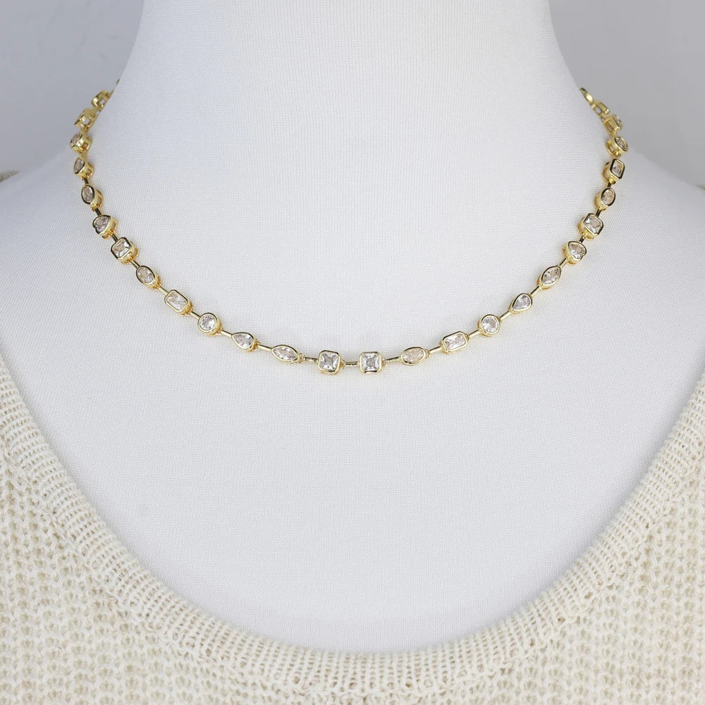 2025 New Trendy Women Jewelry Gold Color Geometric Various Shaped Bezel 5A Sparking CZ Tennis Chain Bracelet Necklace Set