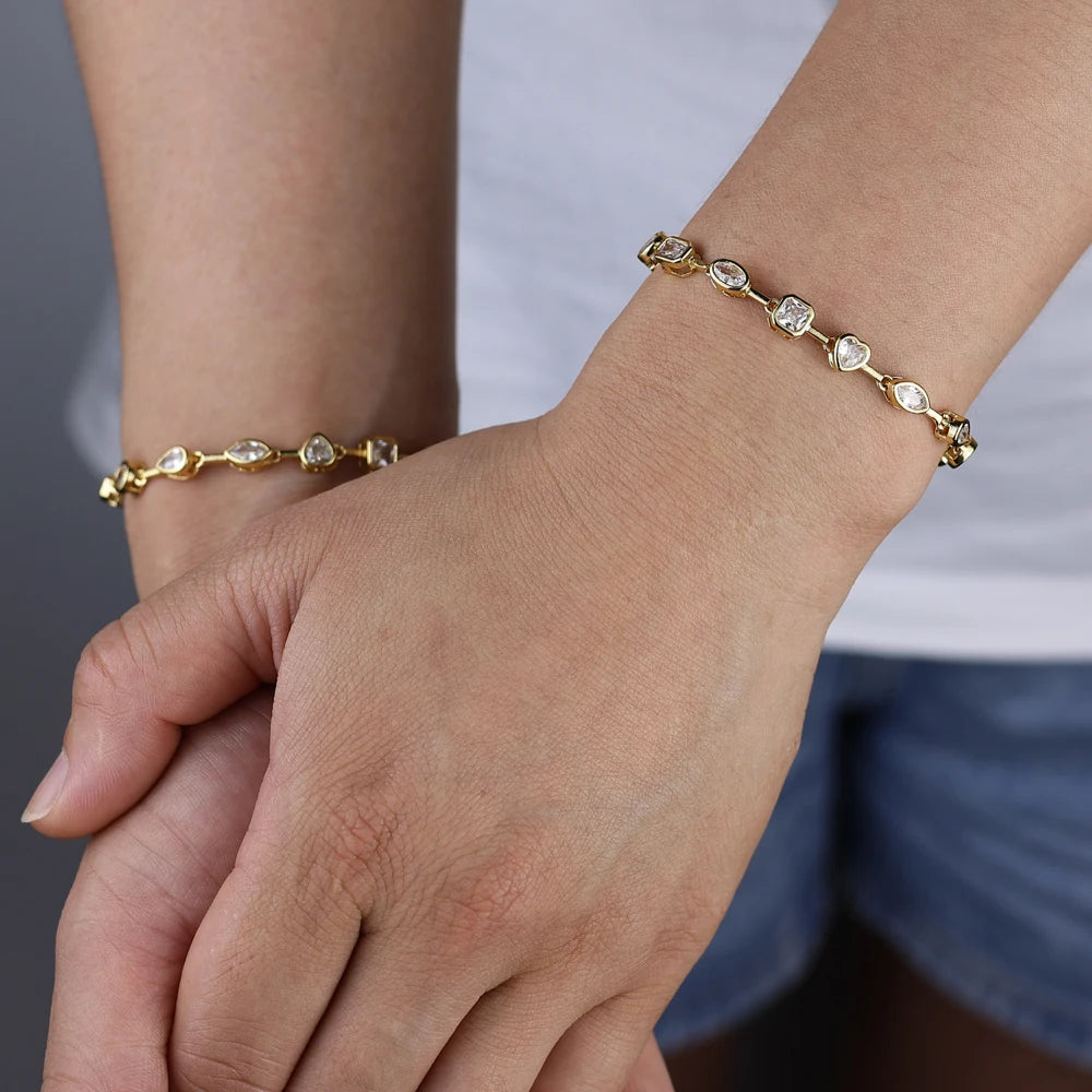 2025 New Trendy Women Jewelry Gold Color Geometric Various Shaped Bezel 5A Sparking CZ Tennis Chain Bracelet Necklace Set