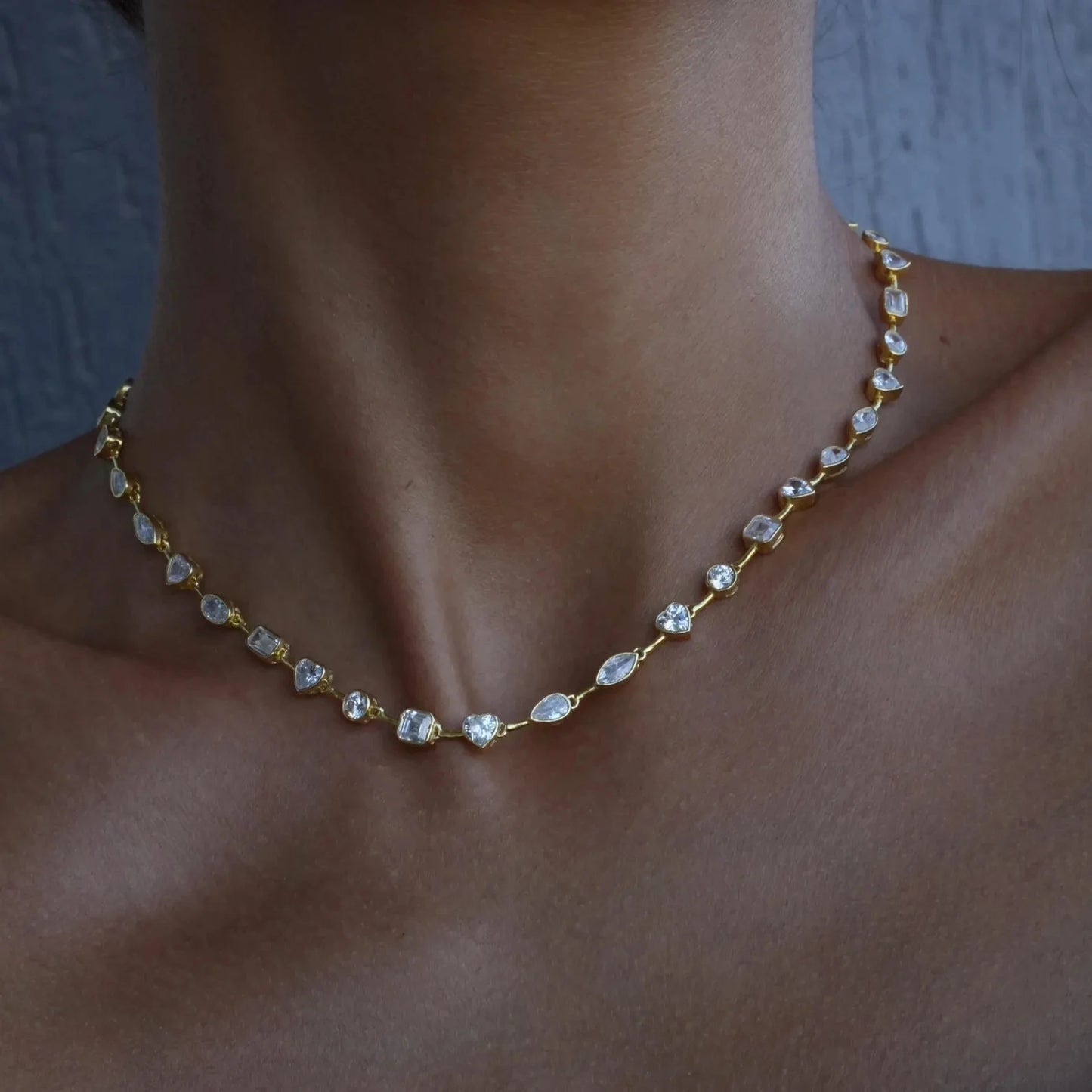 2025 New Trendy Women Jewelry Gold Color Geometric Various Shaped Bezel 5A Sparking CZ Tennis Chain Bracelet Necklace Set