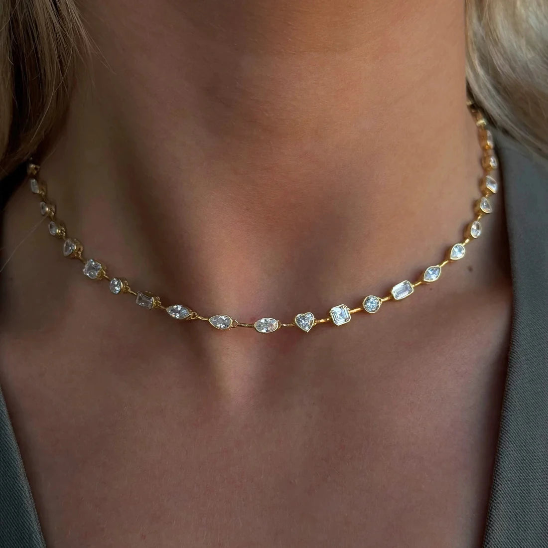 2025 New Trendy Women Jewelry Gold Color Geometric Various Shaped Bezel 5A Sparking CZ Tennis Chain Bracelet Necklace Set