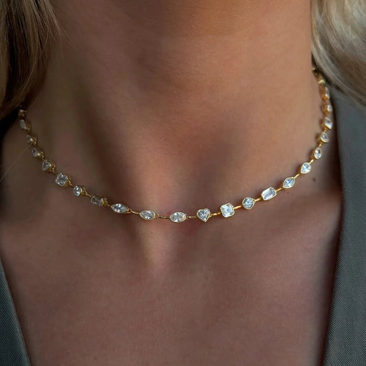 2025 New Trendy Women Jewelry Gold Color Geometric Various Shaped Bezel 5A Sparking CZ Tennis Chain Bracelet Necklace Set