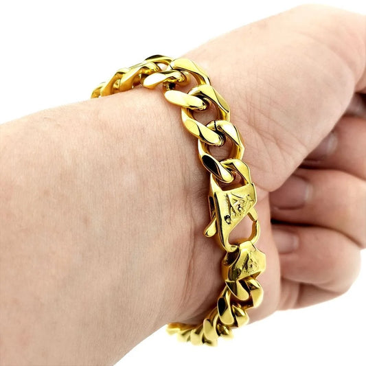 Freemasonry Masonic Mason Bracelet Mens Stainless Steel Yellow 11mm Width