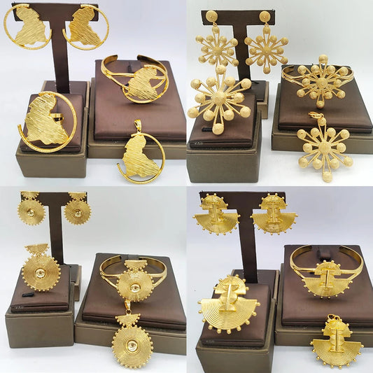 4Sets Jewelry Sets for Women Bridal Luxury African Map Pendant Gold Color Earrings Cuff Bangles Adjustable Ring Wedding Gifts