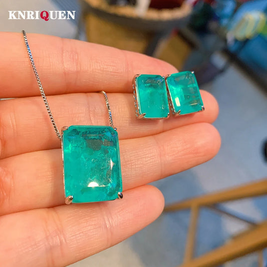 Vintage Jewelry Sets for Women Lab Paraiba Tourmaline Emerald Wedding Party Earrings Pendant Necklace Anniversary Gift Wholesale