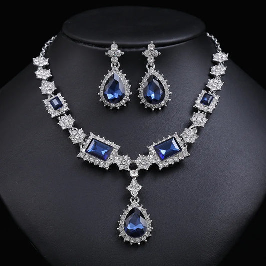 Bridal Jewelry Set Wholesale Silver Plated Red Green Blue Crystal Rhinestone Drop Earrings and Luxury Wedding Necklace for Women
