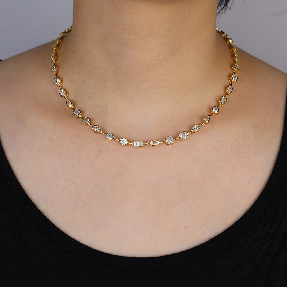 2025 New Trendy Women Jewelry Gold Color Geometric Various Shaped Bezel 5A Sparking CZ Tennis Chain Bracelet Necklace Set