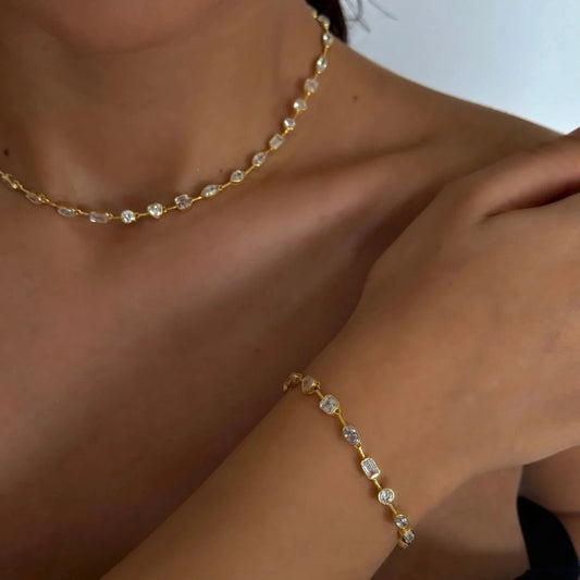 2025 New Trendy Women Jewelry Gold Color Geometric Various Shaped Bezel 5A Sparking CZ Tennis Chain Bracelet Necklace Set