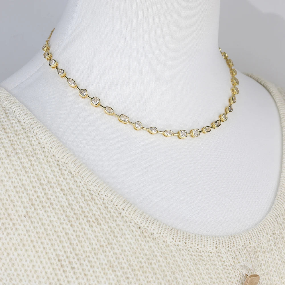 2025 New Trendy Women Jewelry Gold Color Geometric Various Shaped Bezel 5A Sparking CZ Tennis Chain Bracelet Necklace Set