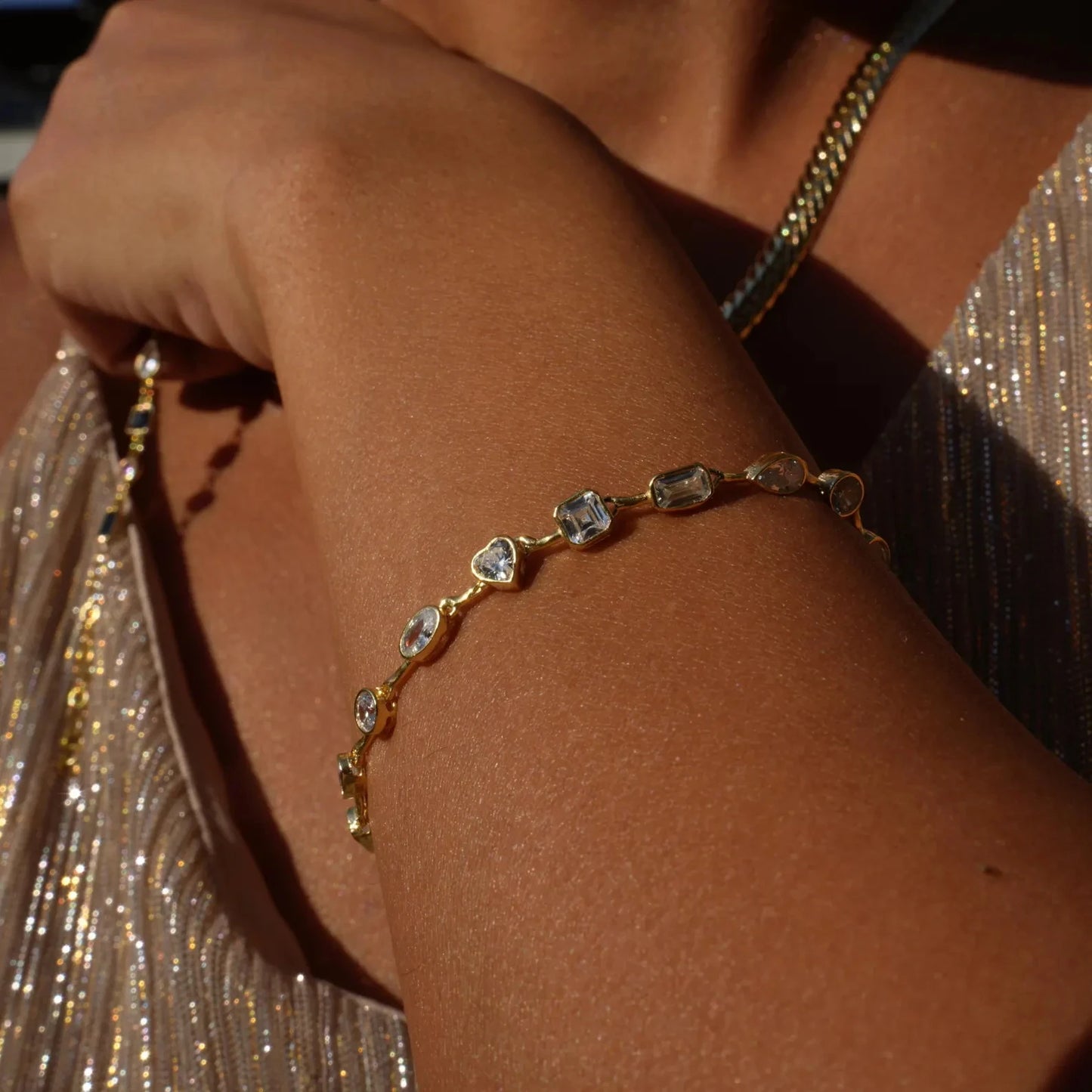 2025 New Trendy Women Jewelry Gold Color Geometric Various Shaped Bezel 5A Sparking CZ Tennis Chain Bracelet Necklace Set